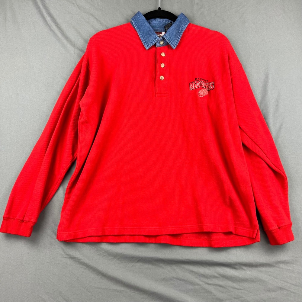 Vintage Detroit Red Wings Men L Polo Shirt Red Denim Collar NHL Hockey Cotton